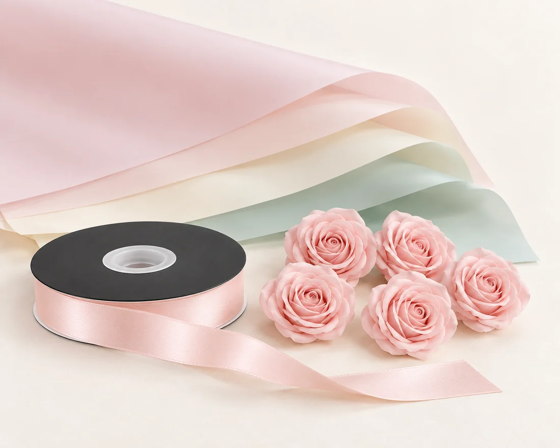 ArtFlower wrapping paper, blush satin ribbon and pink soap roses